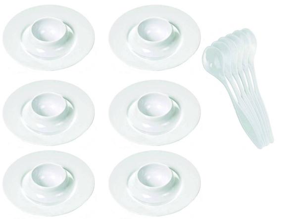 Eierbecher Melamin - 6 Stück + Eierlöffel Kunststoff weiß - 6 Stück